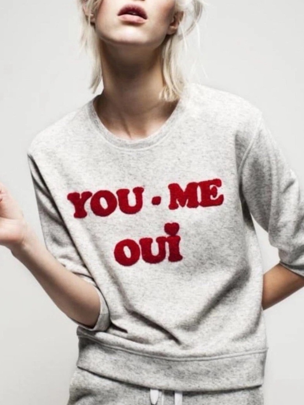 Zoe Karssen You Me Oui Sweatshirt Medium Graphic Crewneck Heather Oatmeal Gray.